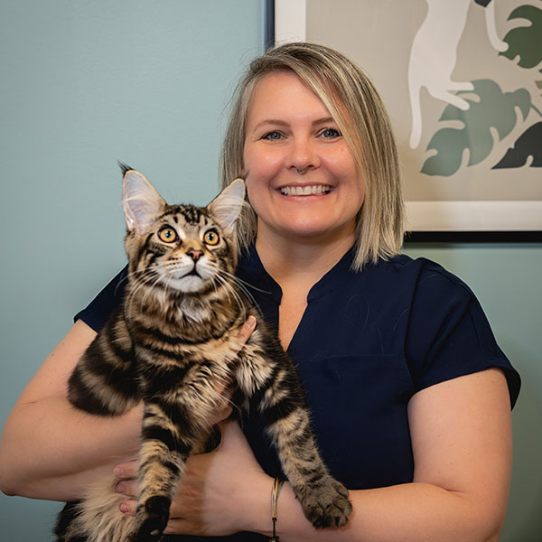 A smiling woman with blonde hair holds a large tabby cat in front of a light blue wall with framed art featuring cat silhouettes in the background.