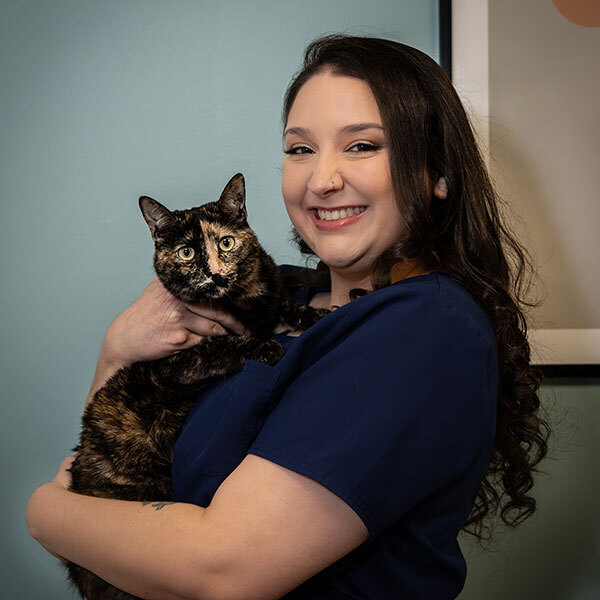 A woman with long dark hair wearing a navy blue shirt smiles while holding a tortoiseshell cat against a teal wall with part of a framed picture visible in the background.